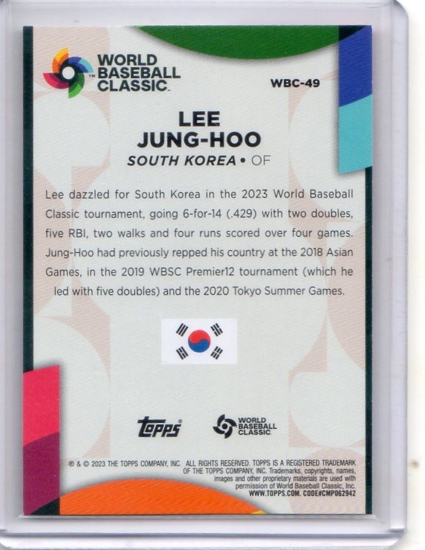 ●イ・ジョンフ　カード　Vol.2　2023TOPPS WORLD BASEBALL CLASSIC STARS #WBC-49　WBC韓国代表　キウム・ヒーローズ_画像2