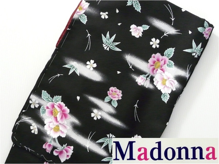 Madonna 洗える着物 袷 Ｍサイズ マドンナ 黒 花 松葉と笹 359