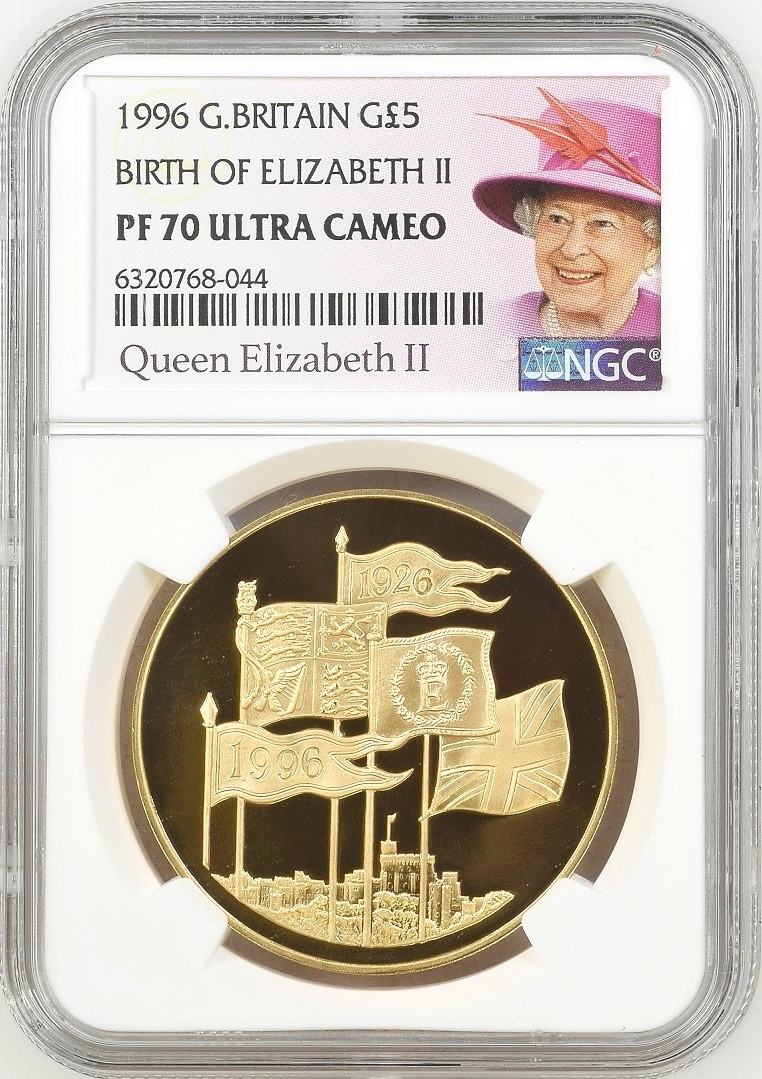 世界19枚 1996年 英国 イギリス エリザベス女王 誕生 70周年記念 5ポンド プルーフ 金貨 NGC F70 ULTRA CAMEO 都市景観 ミドルエリザベス_画像2