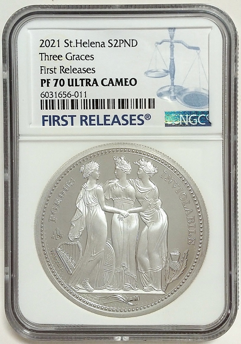 2021年 セントヘレナ スリーグレイセス 2ポンド 2オンス 2oz プルーフ 銀貨 NGC PF70 ULTRA CAMEO First Releases イギリス_画像2