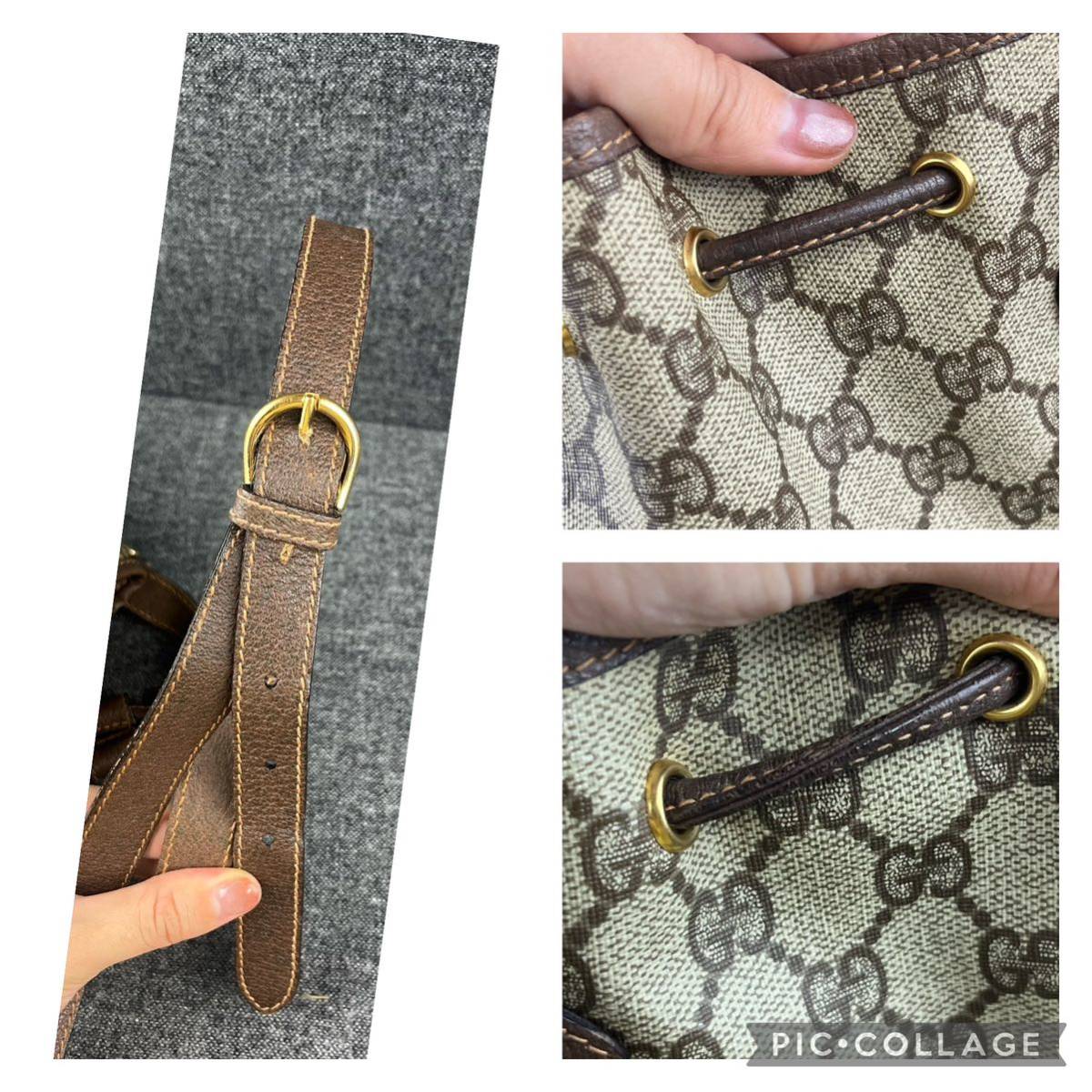 【希少美品!!】GUCCI シェリーライン 巾着 ベタなし 粉吹きなし ショルダーバッグ バケツ オールドグッチ ブラウン _画像8