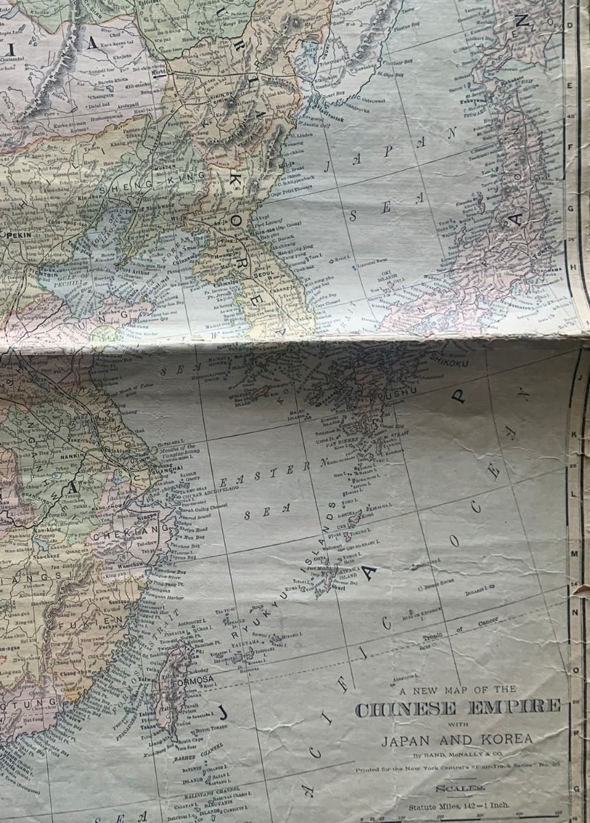 【超貴重】1901年美国Rand, McNally社製作中華帝国地図、布質材料、含満州、蒙古、新疆、チベット(西藏)、大清王朝の基本的版図、66×48 cm_画像8