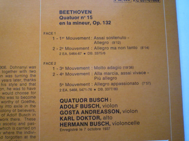 RY30 仏VSM盤LP ベートーヴェン/弦楽四重奏曲第15番Op.132 ブッシュ四重奏団 SP復刻_画像2
