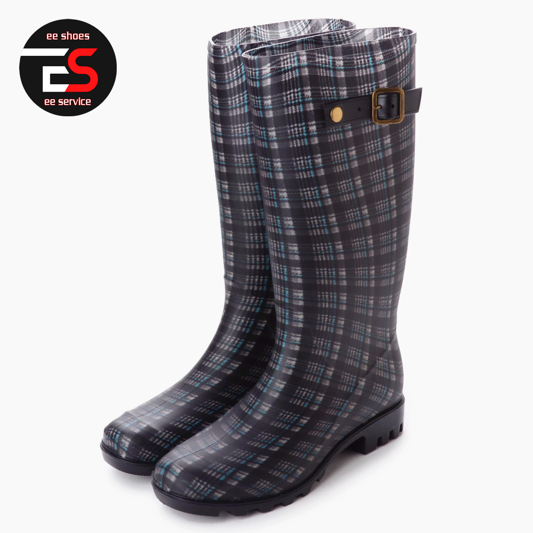 * new goods *[18032_BLACK-CHECK_M] woman long height rain boots black check pattern cleaning . gardening rain. going out 