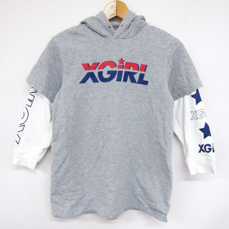  X-girl Parker with a hood . T-shirt Layered manner Kids for boy 130 size gray X-girl