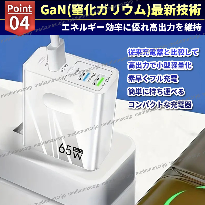 USB 急速 充電器 ACアダプター 65W 5ポート 同時充電 type-C タイプC FD QC3.0 保護 GaN コンセント iPhone android パソコン スマホ 白_画像6