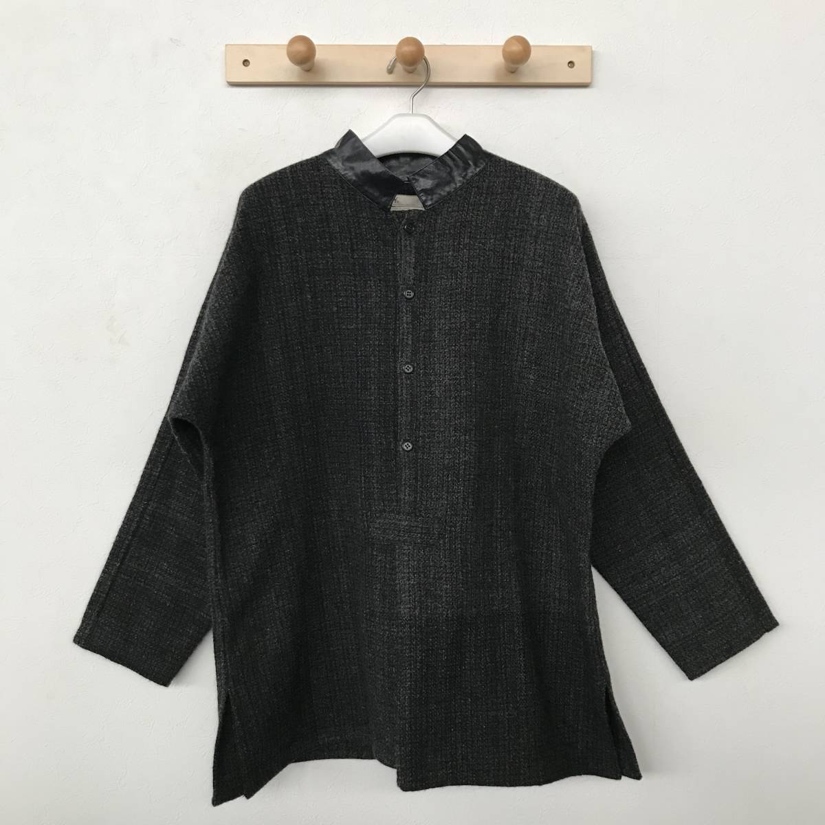 70s～80s Y's YOHJI YAMAMOTO ワイズ ヨウジヤマモト メンズ 襟レザー ウールギャバジン プルオーバーニット 美品 size M