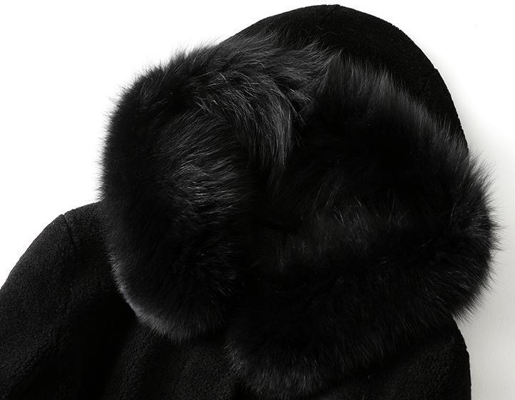 新品限定 帽子付 最高級 フォックスファー襟付き羊毛ロングコート 黒