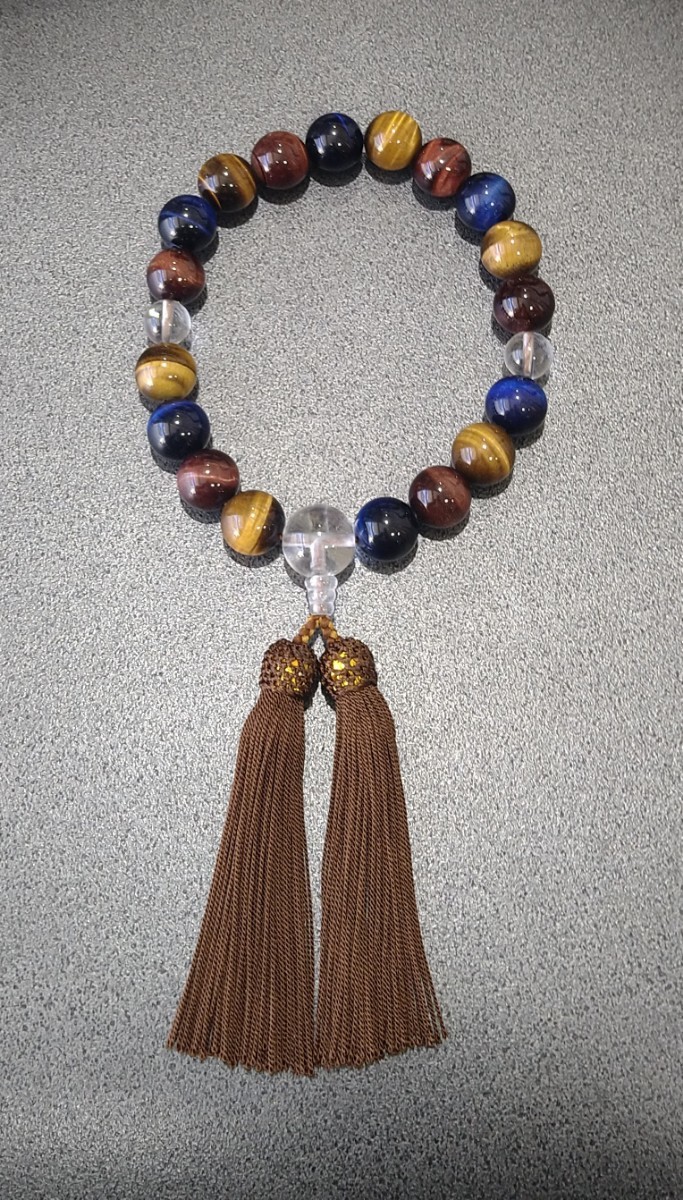 3色虎目石 (黄色、赤色、青色) 数珠 念珠 16㎜ 18玉 水晶仕立