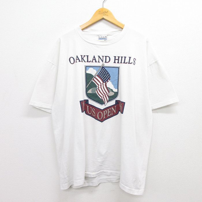 XL/古着 半袖 ビンテージ Tシャツ メンズ 90s 全米オープンゴルフ オークランドヒルズ 星条旗 大きいサイズ コットン クルーネック 白 7OF_画像1