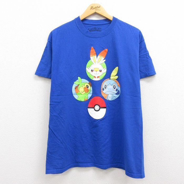 L/古着 半袖 Tシャツ メンズ アニメ ポケットモンスター ポケモン ヒバニー メッソン コットン クルーネック 青 ブルー 22apr28 中古 7OF_画像1