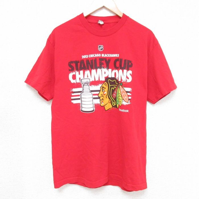 L/古着 半袖 Tシャツ メンズ NHL シカゴブラックホークス スタンレーカップ コットン クルーネック 赤 レッド アイスホッケー 22aug18 7OF_画像1