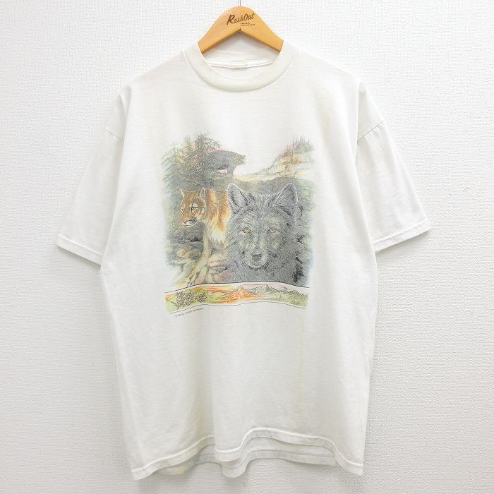 XL/古着 半袖 ビンテージ Tシャツ メンズ 90s ライオン オオカミ クルーネック 白 ホワイト 22jun16 中古 7OF_画像1