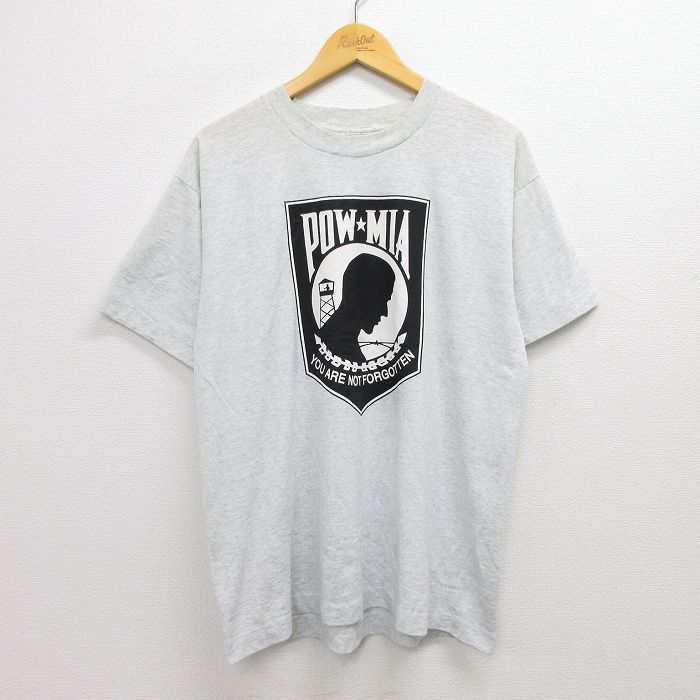 L/古着 半袖 ビンテージ Tシャツ メンズ 90s POW MIA ミリタリー クルーネック 薄グレー 霜降り 22jul21 中古 7OF_画像1