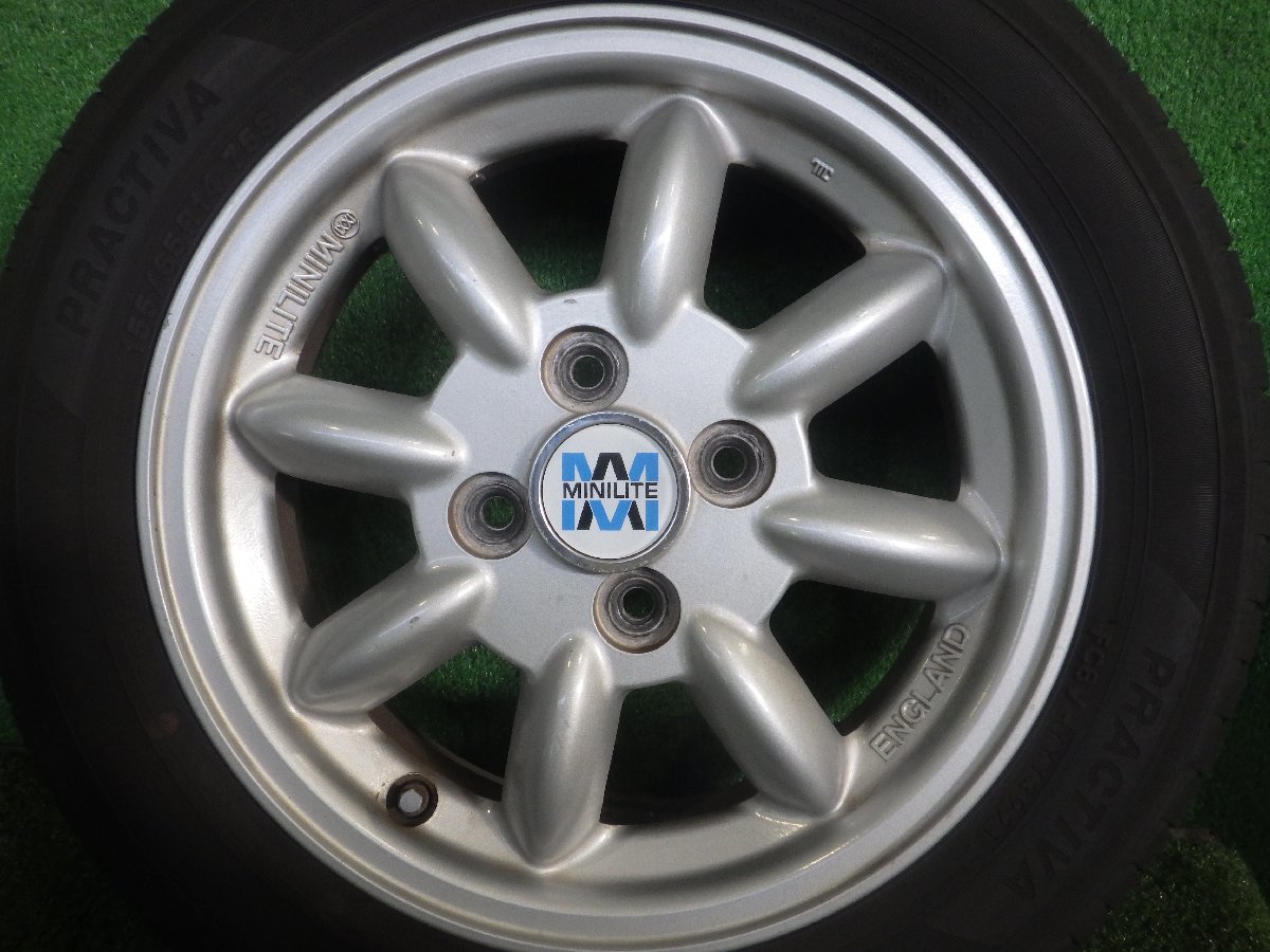 ◆溝あり MINILITE ミニライト アルミホイール タイヤ 14インチ 4本 4.5J PCD100 4穴 +45 155/65R14 PRACTIVA 21年 中古 L118_画像2