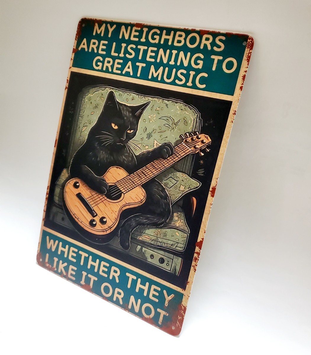 ブリキ看板　HANAKO　レトロ　猫の看板　L29黒猫　ギター　ウェルカムボード
