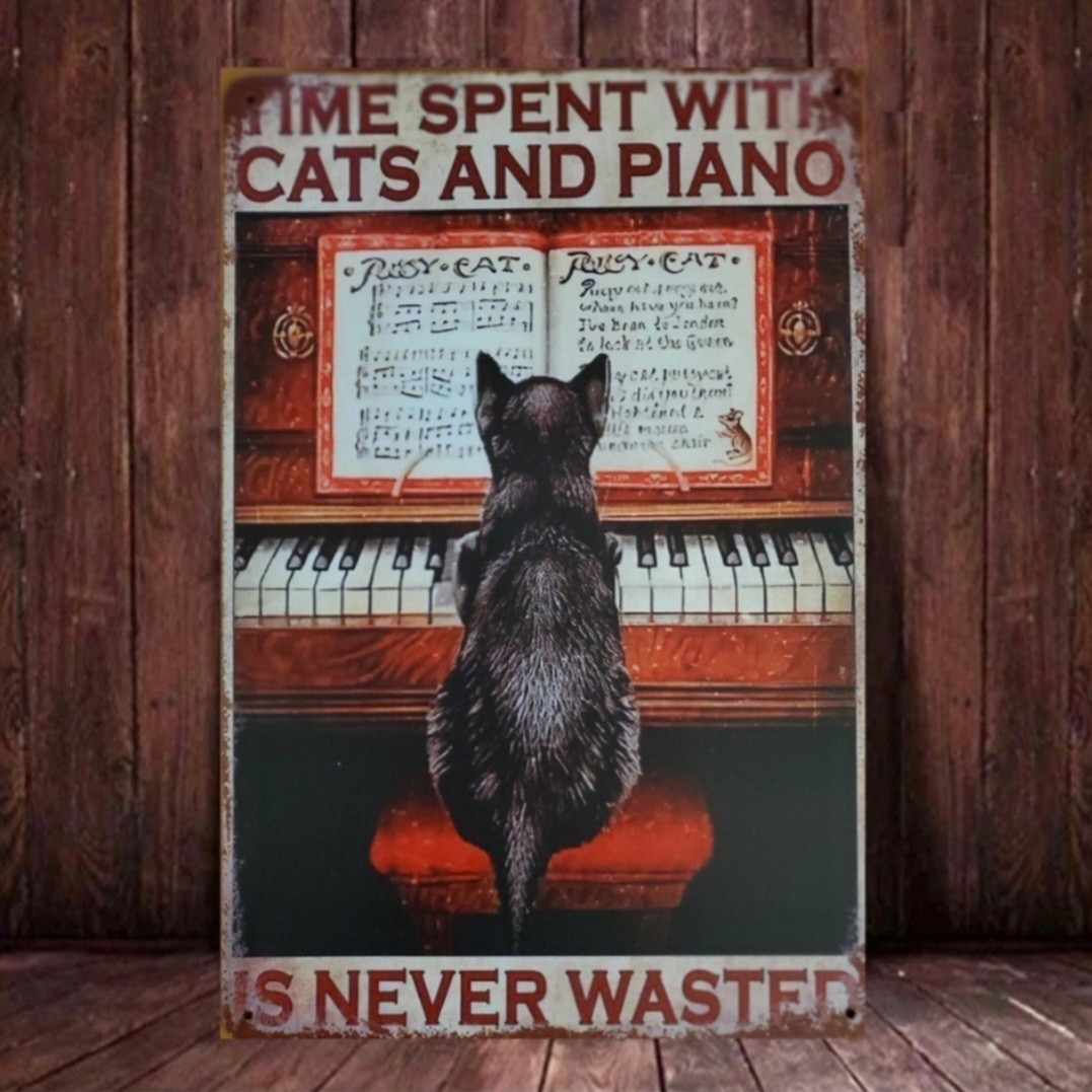 ブリキ看板　HANAKO　レトロ　猫の看板　T68　黒猫　ピアノ　クラシック　ウェルカムボード_画像9
