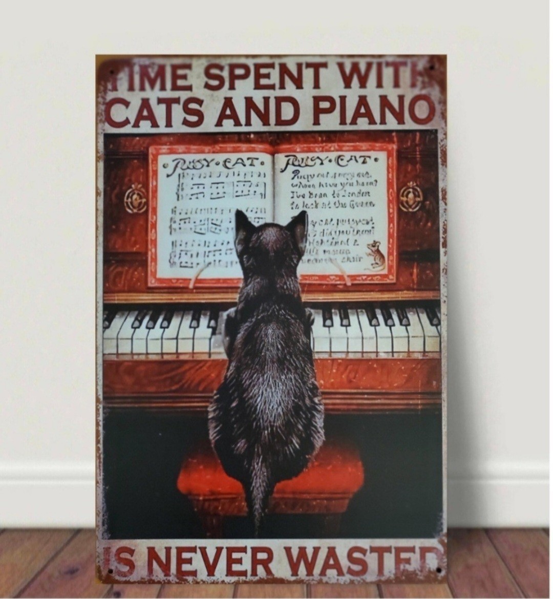 ブリキ看板　HANAKO　レトロ　猫の看板　T68　黒猫　ピアノ　クラシック　ウェルカムボード_画像1