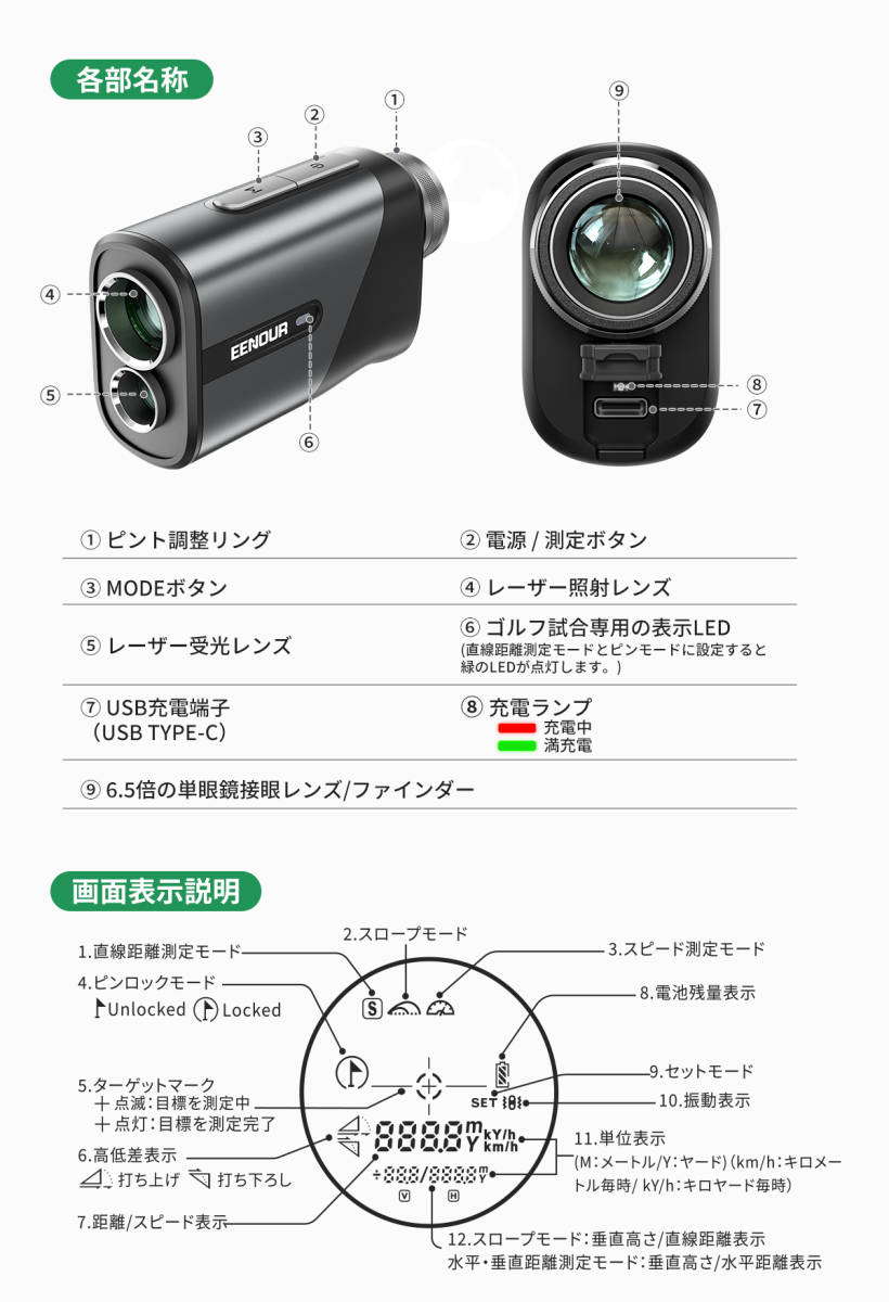 ゴルフ レーザー距離計 距離測定器 ミニ 距離計測器 高低差 ピンロック スロープモード_画像8