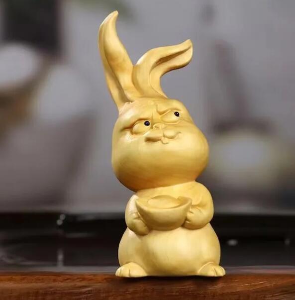 黄楊木彫刻干支ウサギの置物_画像2