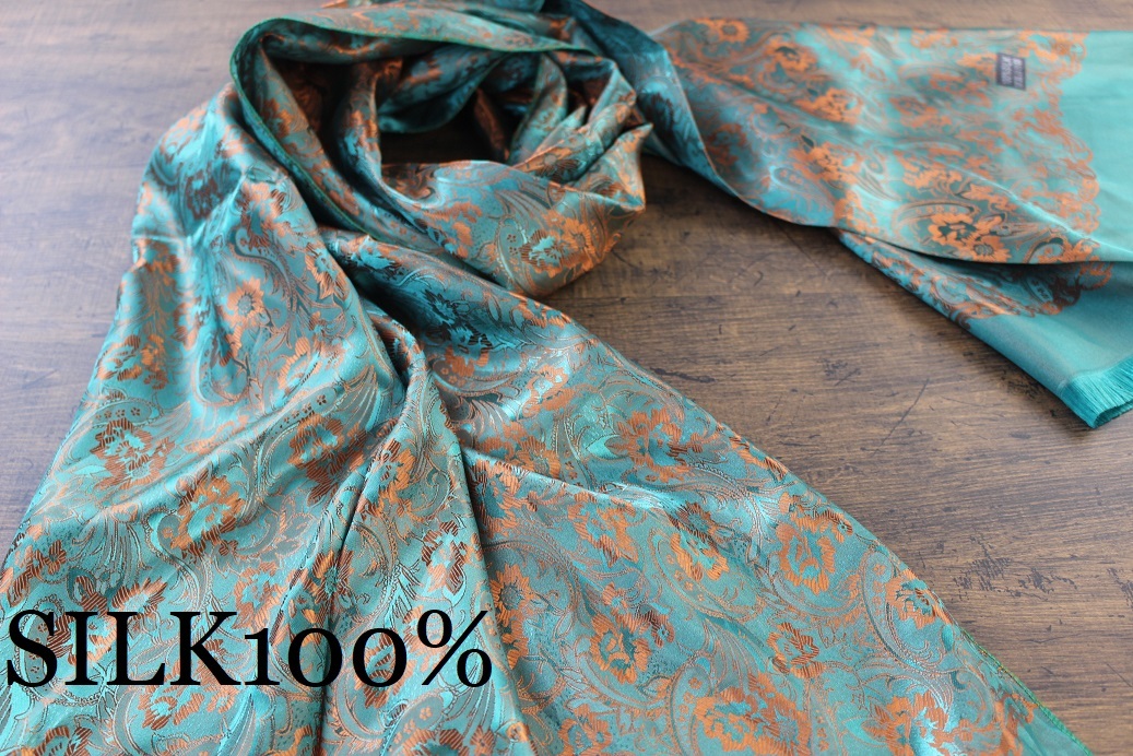 新品 【シルク100% SILK】ペイズリー 花柄 シャイングリーン×シャインオレンジ S.GREEN×S.ORANGE 大判 ストール/スカーフ_画像1