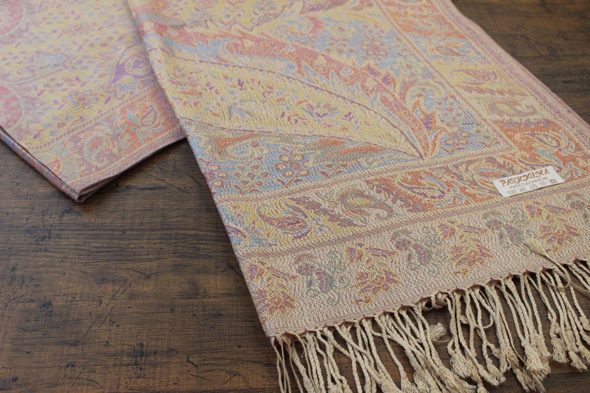 新品【パシュミナ Pashmina】BIGペイズリー柄 ベージュ系マルチカラー BEIGE 大判 ストール カシミア100% Cashmere_画像3