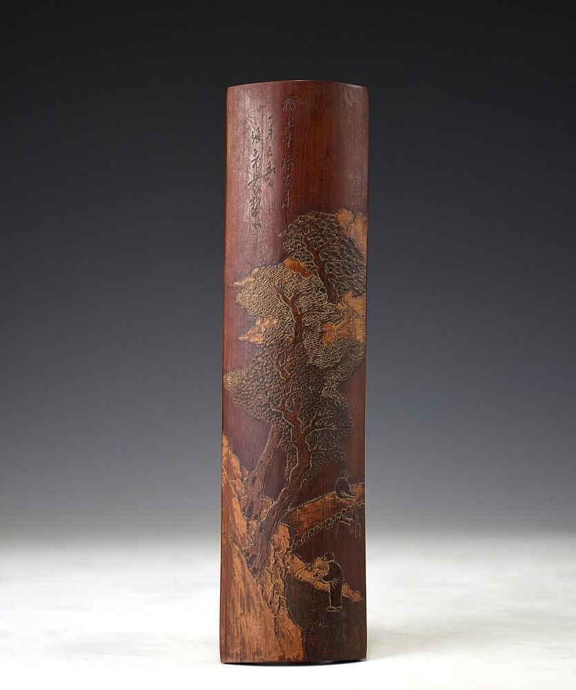 【蔵c8541】中国古美術　竹彫山水人物茶合　銘：張希黄