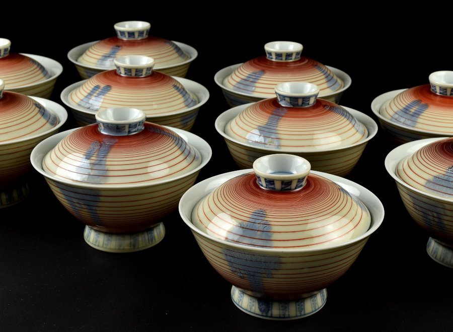 【蔵c8153】古代南京写　渦巻文　蓋付向付　大ぶり蓋茶碗　十客