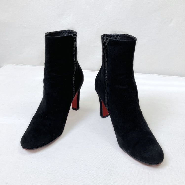 [美品] Christian Louboutin クリスチャンルブタン スエード ブーツ 黒 赤 ショート 裏貼済 38 1/2_画像2