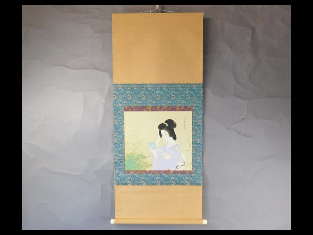 芳春(鈴木芳春)美人画 日本画 絹本 軸装 掛軸 専用木箱 OK2576_画像2