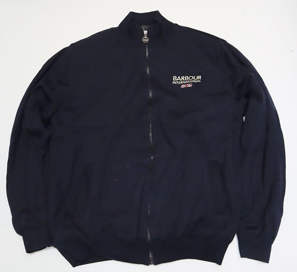 WJ12バーブァーBARBOURイギリス古着ウールジャケット英国ブランドXLビッグサイズ中綿入りインターナショナル濃紺系UK胸ロゴ刺繍セーター_画像3