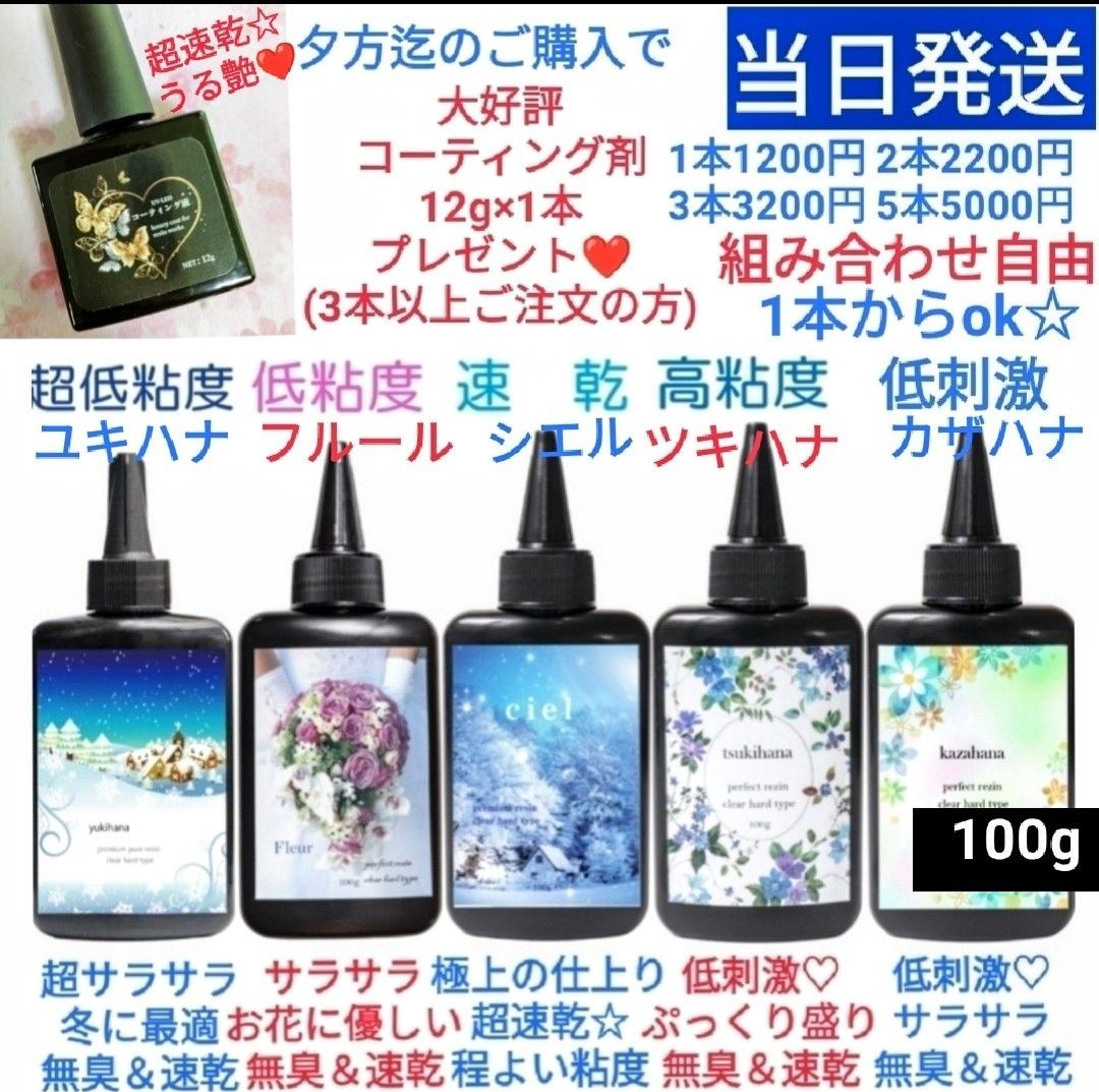 サラサラ低粘度レジン液フルール100g×6本コーティング剤つき サラサラ低粘度レジン液フルール100g×6本コーティング剤つき