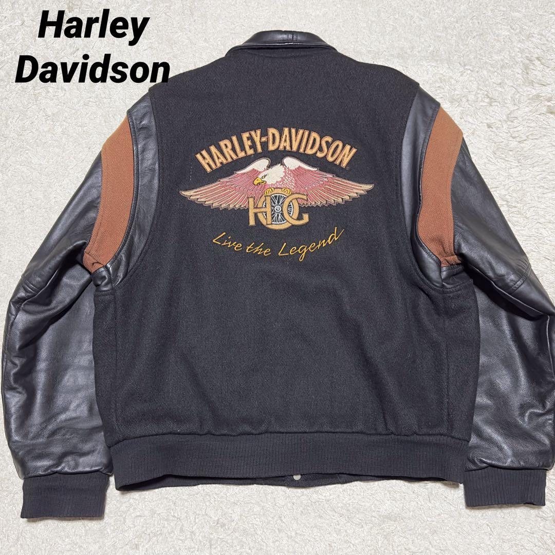 【 大感謝セール】 袖レザー Harley-Davidson スタジャン ブラック バック刺繍 Lサイズ