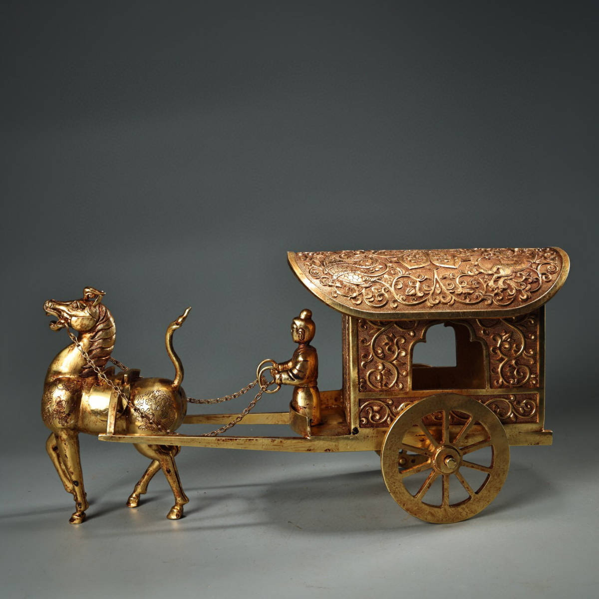 『館蔵珍品 銅製 塗金 馬拉車』置物 賞物 貴重物品 収蔵品 中国古美術