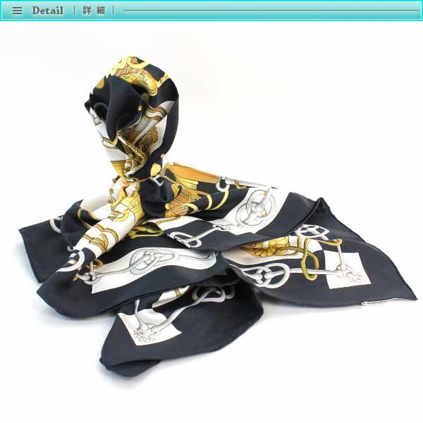 Hermes エルメス カレ 90 スカーフ ブラック系 黒 ゴールド レディース 女性 ワンポイント アクセント シルク 正方形 大判 アパレル_画像3