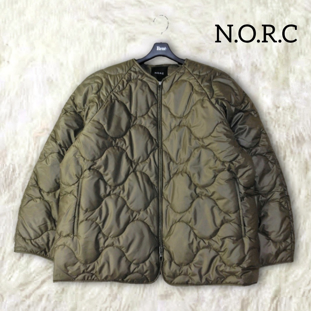 29 【N.O.R.C】 ノーク オーバーサイズ 中綿 キルティング ブルゾン アウター 3 Lサイズ カーキグリーン 緑 ゆったり ノーカラー ジップ