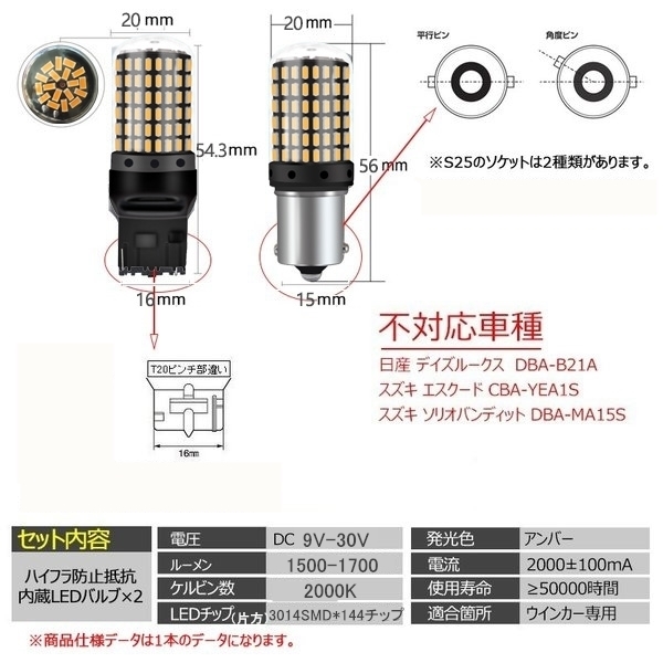 ハイフラ防止抵抗内蔵 144ＬＥＤチップ　爆光　LED　ｔ20　ｓ25　シングル　ピン違い　ウインカー　ホワイト　イエロー　アンバー_画像2