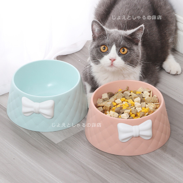 【2点】全3色 3Dリボン付 猫犬 ペット用餌入れ フードボウル 水入れ 餌皿 mint