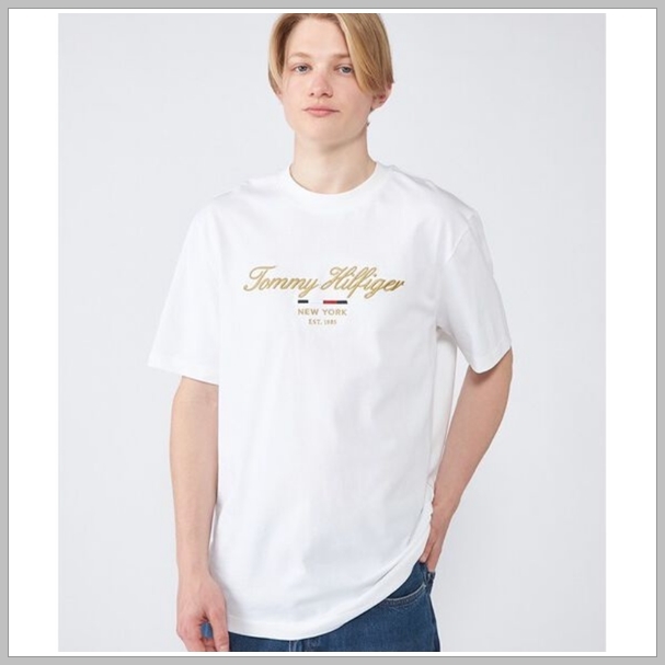 3D刺繍のアイコンスクリプトゴールドエンブロイドTシャツ　ホワイト　Lサイズ　TOMMY HILFIGER #ngTOMMY