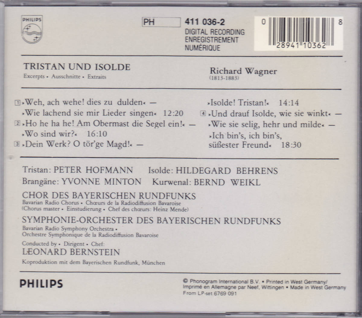 CD バーンスタイン / ワーグナー : トリスタンとイゾルデ ハイライト - 西独盤 PHILIPS 初期 青盤 411 036-2_画像2