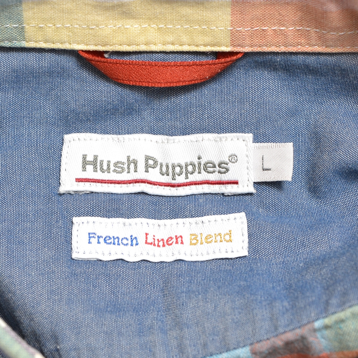 〇493370 Hush Puppies ハッシュパピー ○半袖 チェックシャツ ボタンダウン コットンリネン サイズL メンズ ホワイト オレンジ_画像7