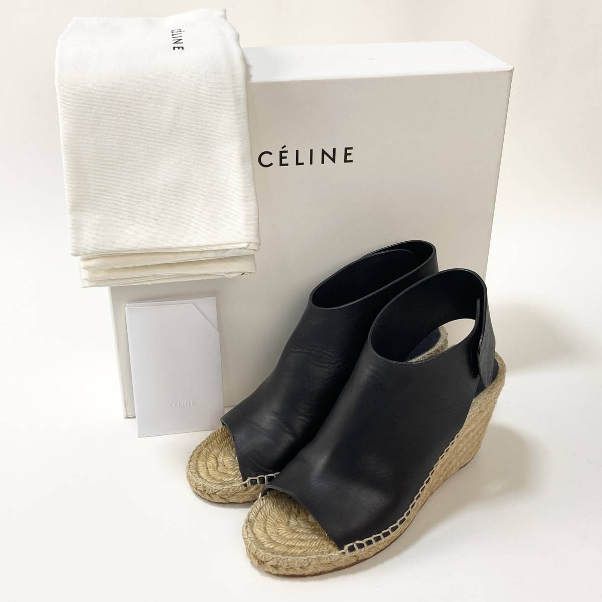 美品 CELINE セリーヌ フィービー期 ウェッジソール エスパドリーユサンダル 36 SSL786 レザー オープントゥ ベルクロ ストラップ シューズ