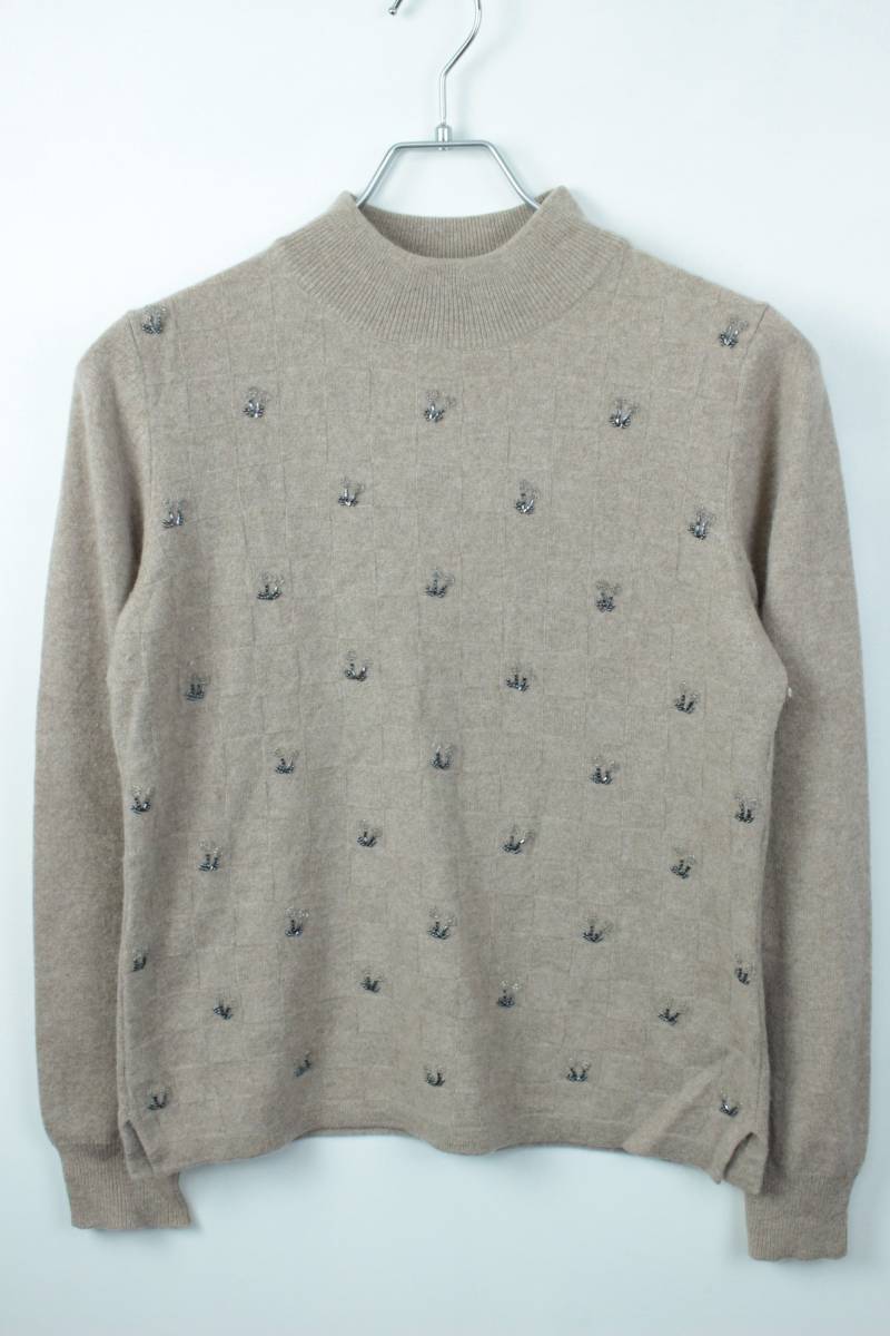A057　Waku-Wakiu　ワクワク　カシミヤ100%　カシミヤセーター　ビーズ刺繍セーター　モックネックセーター　レディース_画像1