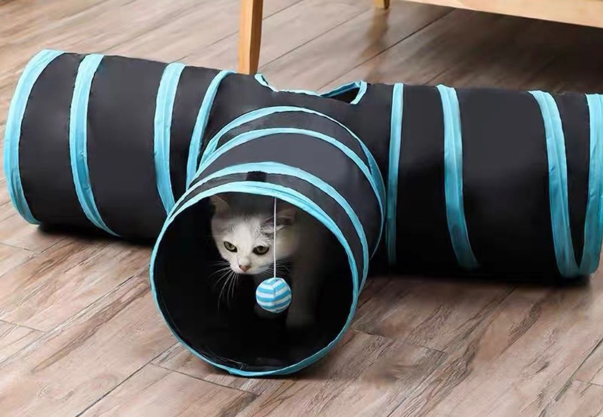 猫トンネル ブルー　おもちゃ 水洗い可能 収納便利 T型　折りたたみ　ペット　 猫’