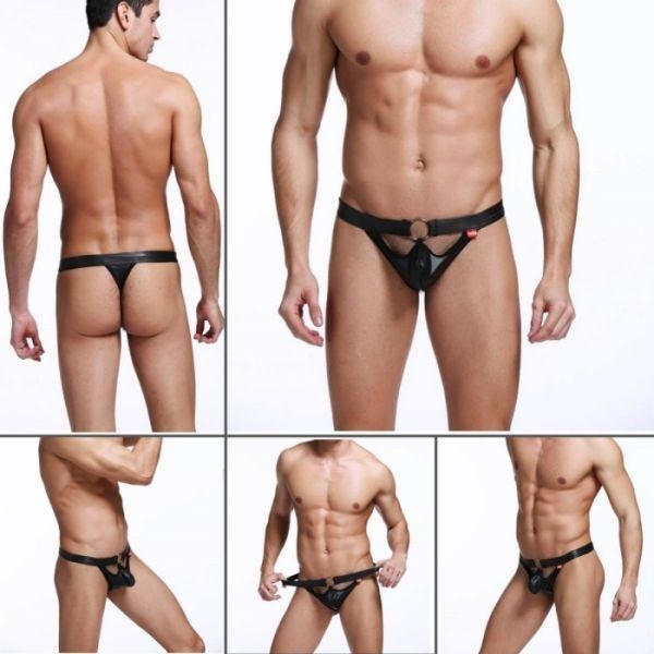  free shipping fake leather men's sexy underwear for man T-back men's T-back leather manner lack crack black L TK0010