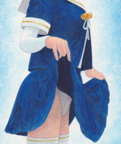 舞華 手描き水彩複製画 #525 ブルー・ノエル チアリーダー ミニスカート クリスマス_画像3