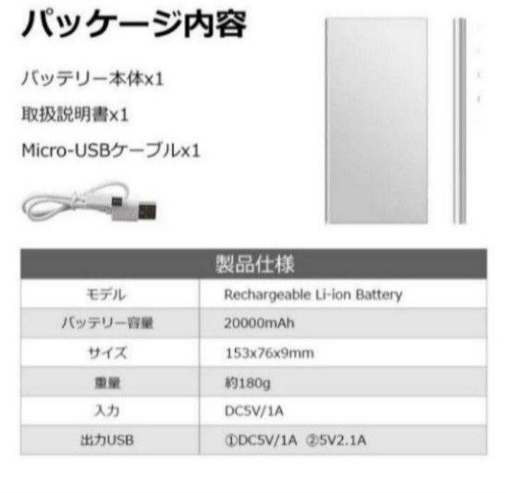 モバイルバッテリー 大容量20000mAh 薄型 軽量 急速充電 LEDライト PSE認証　ブラック！_画像8