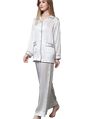 [ユメカイロウ] シルク100％ パジャマ レディース 絹 サテン 長袖 ラウンドカラー シンプル バイカラー 無地 ポケ付き パイピング