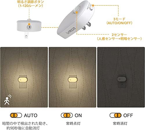 LYRIDZ LEDセンサーライト 足元灯 コンセント 人感センサーライト 室内 常夜灯 無段階調光 3モード フットライト 省エネ 廊下 寝室 玄関_画像3