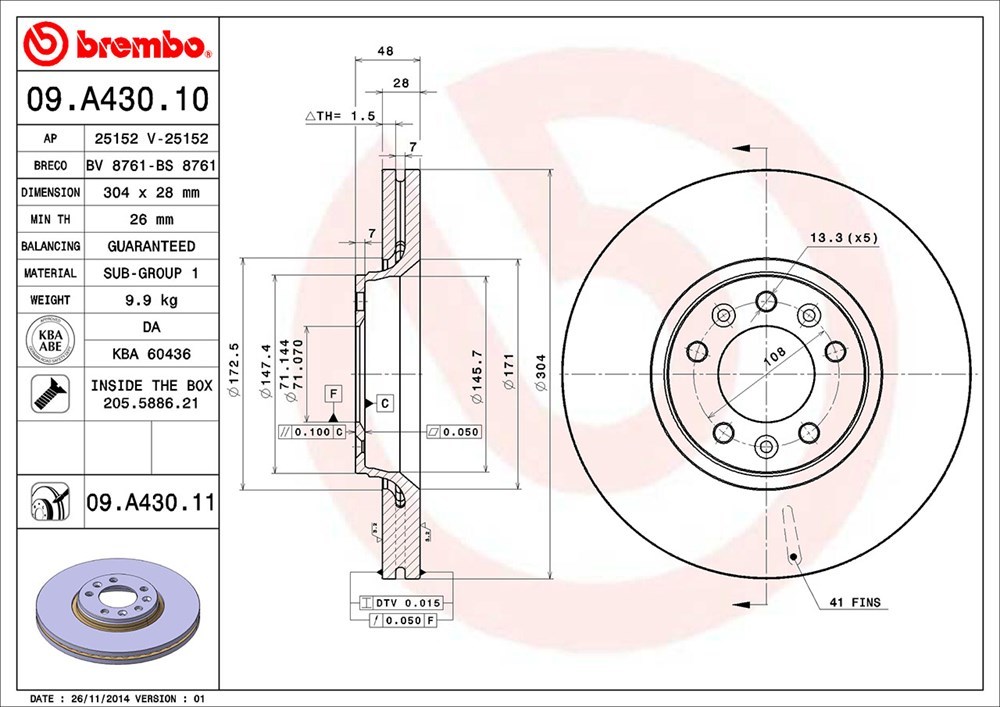 brembo ブレンボ ブレーキローター フロント用 シトロエン C5 X7RFJ H20.10～H22.4 2.0L_画像3
